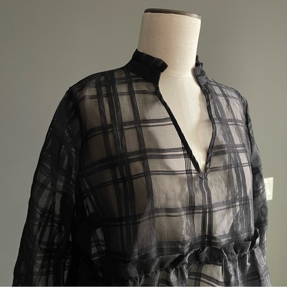 OBJECT Sheer Plaid Tiered Midi Dress Black Long Sleeve Art Deco Avant Garde - Picture 3 of 8